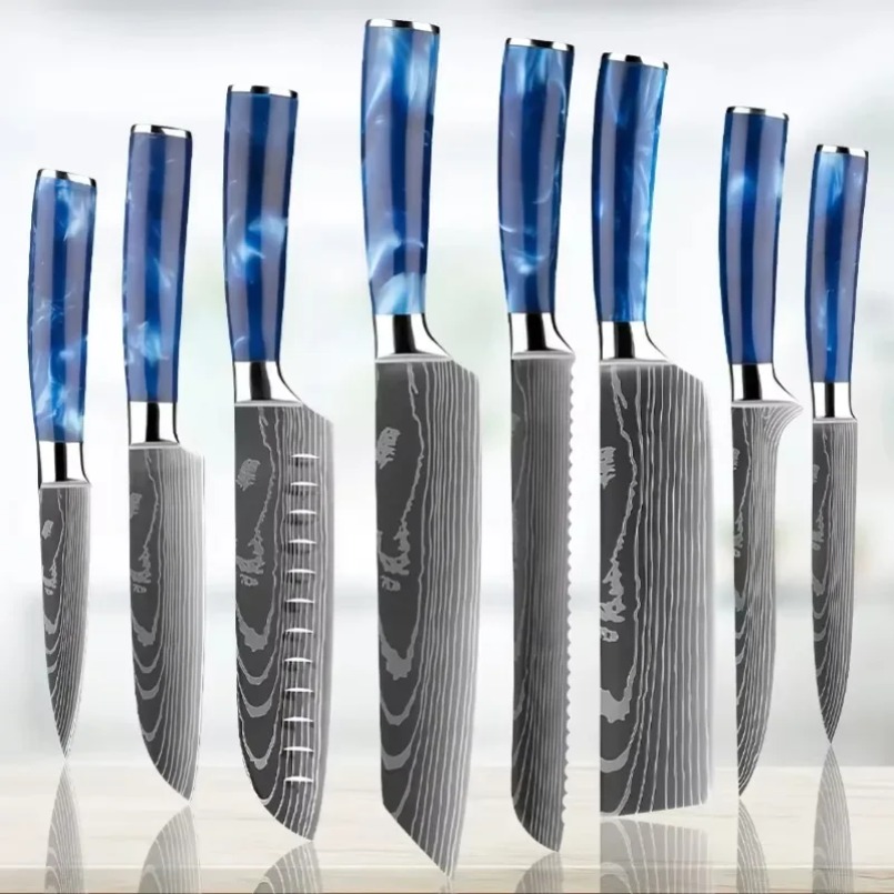 Home Cooking Japanese - Damaskus-gemustertes Laserstahl-japanisches Santokuri-Messer mit Kunstharzgriff, Kochmesser